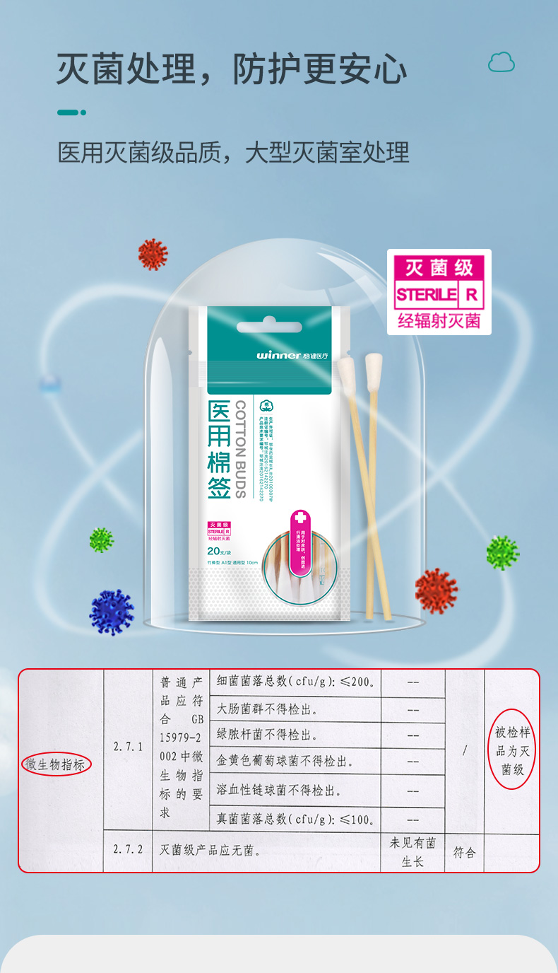稳健医用棉签 一次性医用棉签 无菌棉签清洁消毒护理 单头竹棒棉签 20支/袋 10袋/盒